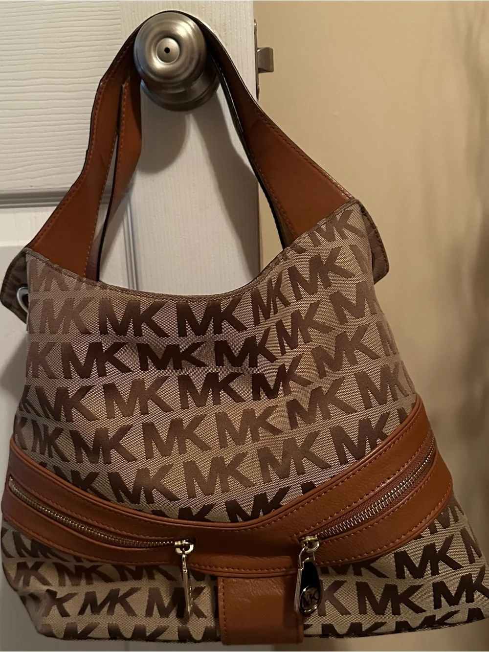 Michael Kors Beige and Brown MK Logo Hobo Bag with Cognac Trim
